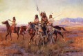Quatre Indiens à cheval Charles Marion Russell vers 1914 Art occidental Amérindien Charles Marion Russell